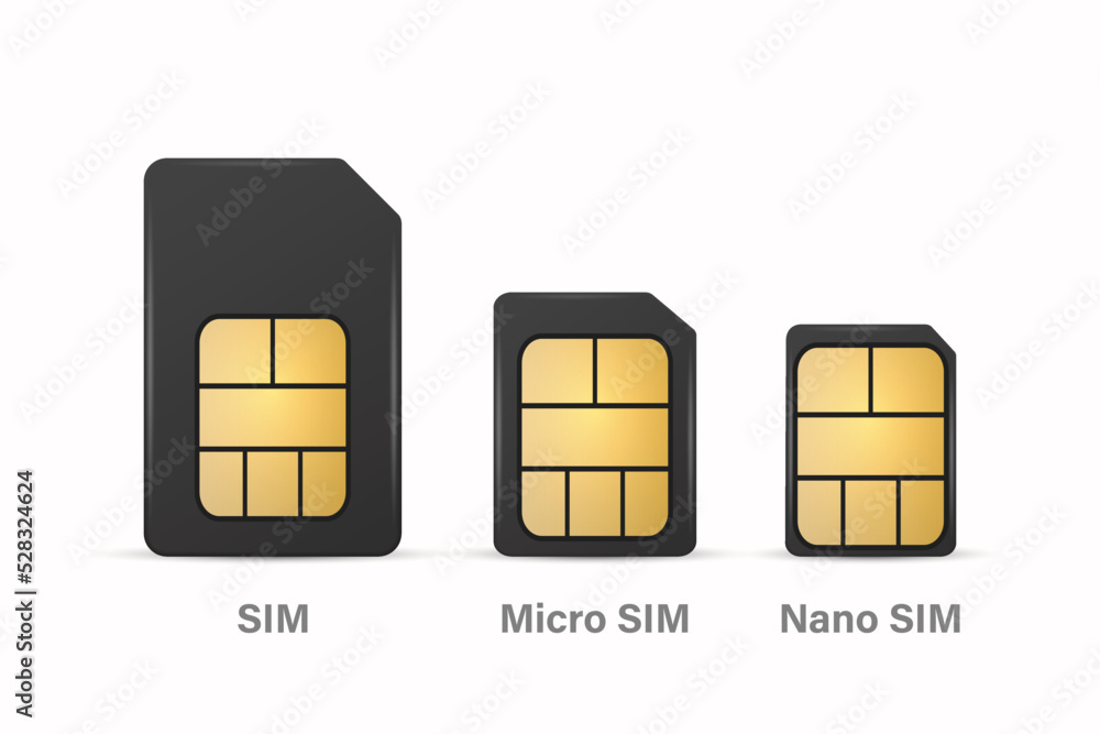 Vector 3d Realistic Black Plastic Sim, Micro Sim, Nano Sim Card Template Set Isolated. Design Template of Sim Card for Mockup, Branding. Front View