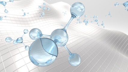 Molecular structure of clear blue atom with clear white mathematical geometric wavy surface under white lighting background. Concept 3D CG of vaccine development, regenerative and advanced medicine.