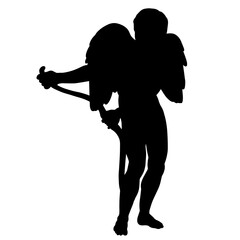  Vector illustration of Eros Stringing the Bow. Black silhouette of ancient greek sculpture Cupid.