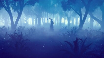 Wall Mural - scary grim reaper silhouette in foggy night autumn forest