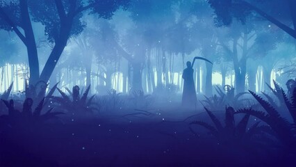 Wall Mural - dark grim reaper silhouette in magic misty night forest