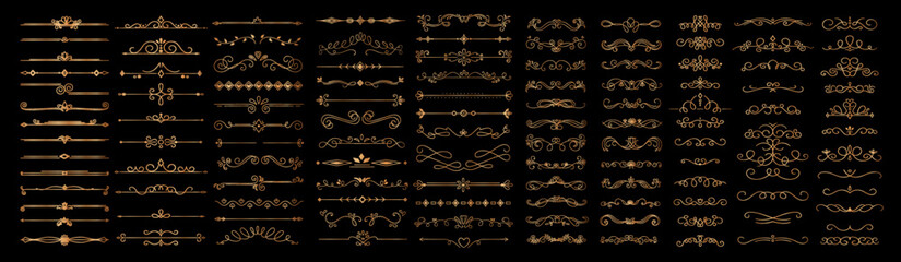 Wall Mural - Set of golden vintage borders. Collection of design elements for website, luxurious decoration and ornament in vintage traditional style. Cartoon flat vector illustrations isolated on black background