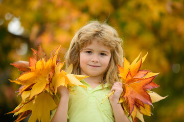 Kids play with autumn fall leaves in park. Children throwing yellow leaves. Child boy hold maple leaf. Fall foliage. Family outdoor fun in autumn. September, back to shool concept.