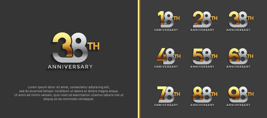 set of anniversary logotype silver and gold color on black background for celebration moment