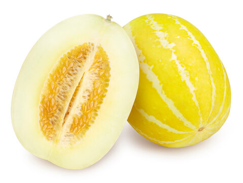 Orange Melon isolated on white background, Oriental melon, Yellow Korean Melon on white With work path.
