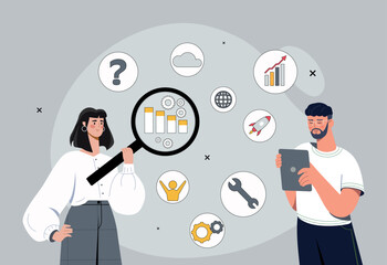Search engine optimization. Man and woman with magnifying glass analyze behavior of website or page users, evaluate activity. Internet promotion, SEO specialists. Cartoon flat vector illustration