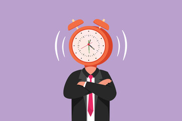 Wall Mural - Flat cartoon style character drawing of upset young businessman with clock instead of head, concept for stress, time pressure, headache, depression. Time management. Graphic design vector illustration