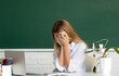 Female shame embarrassed student on lesson lecture in classroom at high school or college.