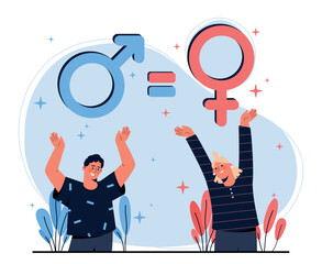 Gender equality concept. Happy man and woman next to their two signs and equality. Balance and tolerance, equal career opportunities, fight against discrimination. Cartoon flat vector illustration