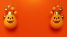 3D Rendering Happy Halloween, Pumpkin Head Hanging And Decoration Ball On Orange Background, October 31st, Copy Space For Text Message Or Banner Template Design For Product Display