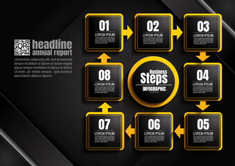 Wall Mural - infographics design, 8 process chart diagram, square template for presentation workflow, abstract timeline elements, flow chart business black color layout concept