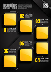 Wall Mural - infographics design, 6 process chart diagram template for presentation workflow, abstract timeline elements, flow chart business yellow and black color layout concept