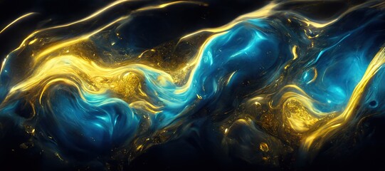 Spectacular image of blue and golden liquid ink churning together, with a realistic texture and great quality. Digital art 3D illustration.