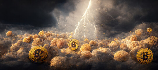 3d illustration rendering of bitcoin rain and bitcoin mining concept falling from the sky. BTC Mining.
