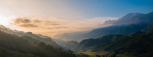 Banner Beautiful landscape mountain green field grass meadow white cloud blue sky on sunny day. panoramic Majestic green scenery big mountain hill cloudscape valley panorama view greenery countryside