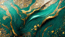 Spectacular Realistic Abstract Backdrop Of A Whirlpool Of Teal And Gold. Digital Art 3D Illustration. Mable With Liquid Texture Like Turbulent Waves Background.