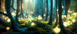 A beautiful enchanted forest with big fairytale trees and great vegetation. Digital Painting Background, Illustration.