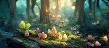 A Beautiful Enchanted Forest With Big Fairytale Trees And Great Vegetation. Digital Painting Background, Illustration.