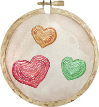 Watercolor Set Of Three Embroidered Red, Yellow And Green Hearts On The Wooden Embroidery Frame