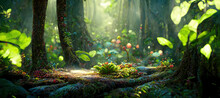 A Beautiful Enchanted Forest With Big Fairytale Trees And Great Vegetation. Digital Painting Background, Illustration.