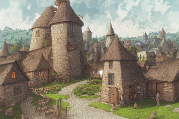 3D render of fantasy medieval village with a lot of buildings. Digital art illustration