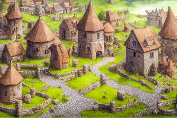 3D render of fantasy medieval village with a lot of buildings. Digital art illustration