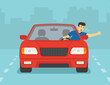 Safe driving tips and traffic regulation rules. Isolated front view of a yelling male driver. Young man leaning out the car window and shows his fist. Flat vector illustration template.