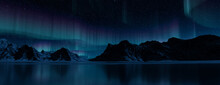 Beautiful Sky With Aurora And Stars. Green Northern Lights Wallpaper With Copy-space.