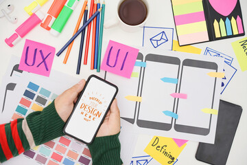 Wall Mural - creative top view photo of ux ui designer working space with mobile white screen mockup, white scree
