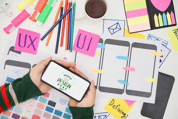 Wall Mural - creative top view photo of ux ui designer working space with mobile white screen mockup, white scree