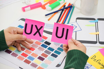 Wall Mural - creative top view photo of ux ui designer working space. user experience concept.