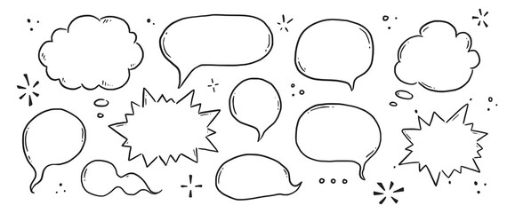 Wall Mural - Hand drawn speech bubble set. Sketch comic doodle style speech bubble for text quote. Doodle outline dialog balloon. Vector illustration.