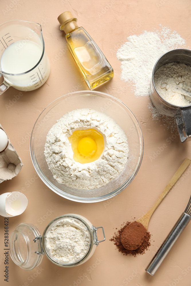 Set of ingredients for baking on color background