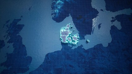 Wall Mural - abstract geometric futuristic concept 3d map of denmark with borders as scribble, blue neon style.