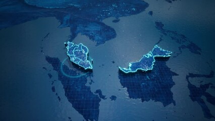 Wall Mural - abstract geometric futuristic concept 3d map of malaysia with borders as scribble, blue neon style.