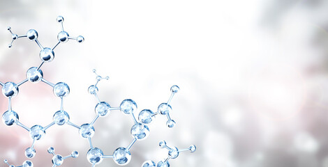 horizontal banner with model of abstract molecular structure. background of gray color with glass at