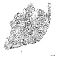 Wall Mural - Lisbon city map with roads and streets, Portugal. Vector outline illustration.