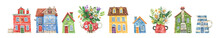 Collection Of Cute European Houses Painted In Watercolor Isolated On White Background. Colored Houses, Teapots With Flowers, Cups Elements For Design.