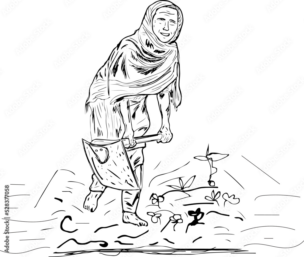 Outline sketch drawing of Indian woman farmer working hand in farm ...