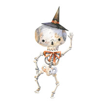 Dancing Skeleton Watercolor Illustration Isolated On White Background. Cartoon Halloween Character Skeleton In Sorcerer Hat.