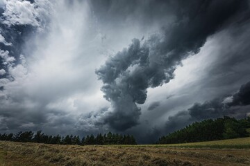 Wall Mural - Dramatic thunderclouds over a field with green trees