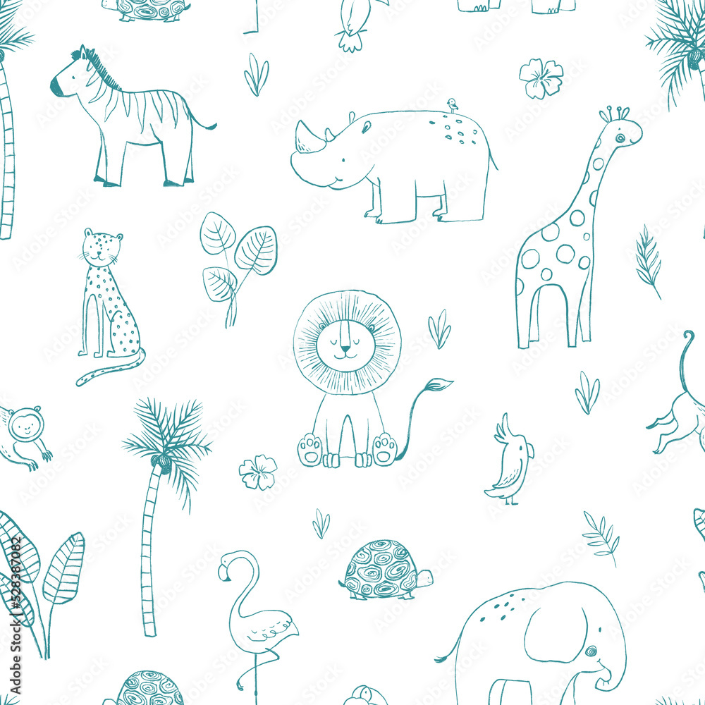 Beautiful seamless baby pattern with cute hand drawn safari elephant ...