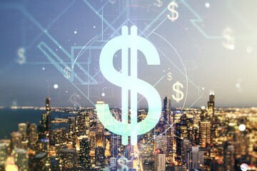 Double exposure of virtual USD symbols hologram on Chicago city skyscrapers background. Banking and investing concept