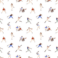Fototapete - Baseball players pattern. Seamless background with sport game print. Repeating texture design with athletes playing, people in action, motion, different positions. Colored flat vector illustration