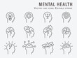 Mental health icons, such as brain, mind, anxiety, depression and more. Editable Stroke. Vector illustration.