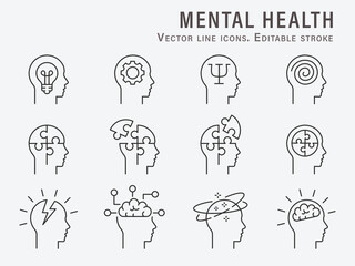 Wall Mural - Mental health icons, such as brain, mind, anxiety, depression and more. Editable Stroke. Vector illustration.