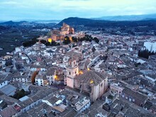 Aerial Splendid View Of The Spanish Town De La Cruz Murcia's With Lighting Lamps All Over