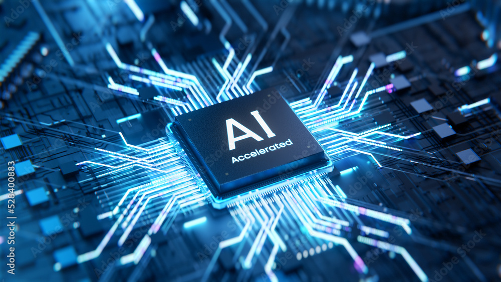 3D Illustration: Advanced Mobile Microprocessor Connecting with a Motherboard and Activates entire System. AI Letters on Chip Glowing. Energy Pulse Expanding after CPU Connected to Socket.