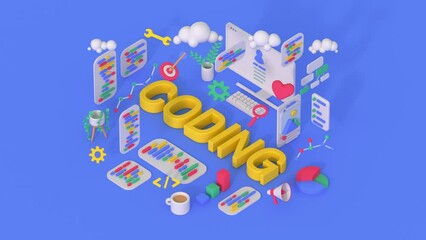 Software development and coding concept. Isometric 3D render animation