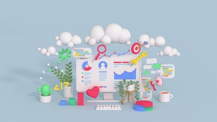 SEO marketing and web analytics concept. Minimal cartoon style 3D render animation